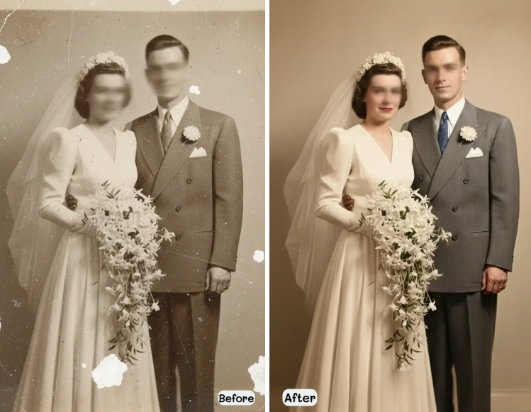 Blurry vintage family photo enhanced - three generations portrait restoration