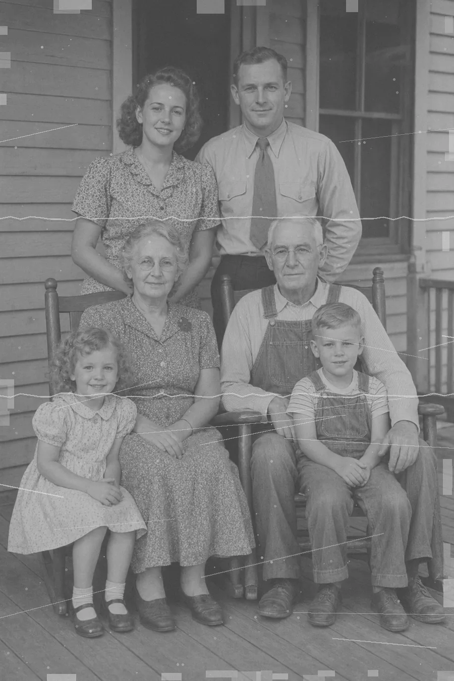 Damaged family porch portrait before AI photo repair