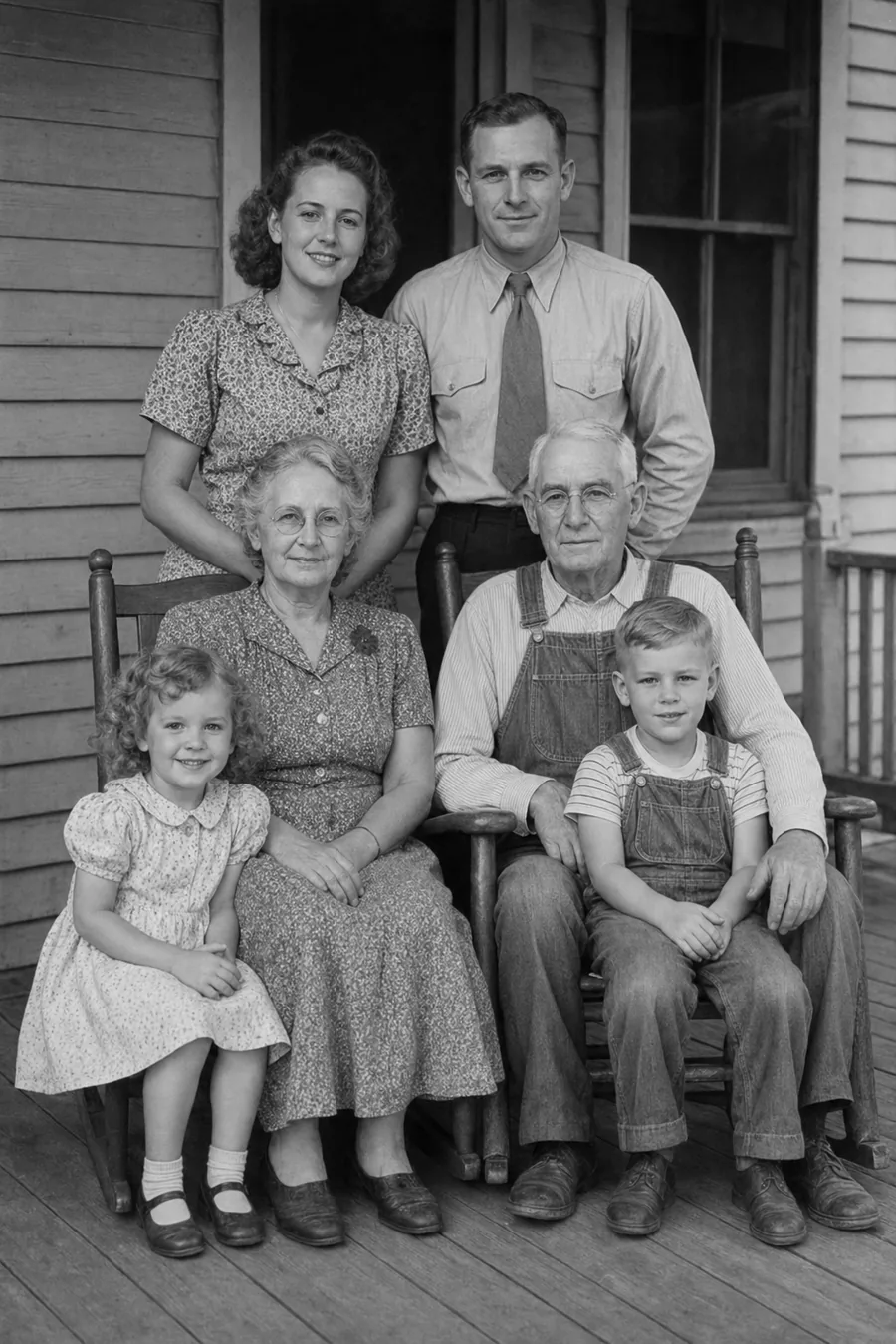 Repaired family porch portrait after AI photo repair
